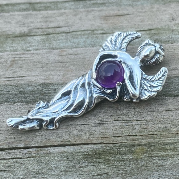 Dream Angel Pendant solid .925 Sterling Silver w/ genuine Amethyst made in USA - Picture 4 of 12